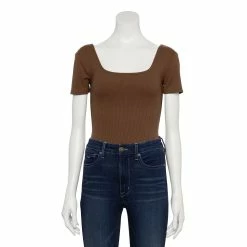 Women's Nine West Rib Short Sleeve Squareneck Bodysuit -Napier Elegant shop 5290693 Abe Brown