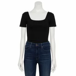 Women's Nine West Rib Short Sleeve Squareneck Bodysuit -Napier Elegant shop 5290693 Black