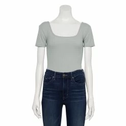 Women's Nine West Rib Short Sleeve Squareneck Bodysuit -Napier Elegant shop 5290693 Gray Fox Heather
