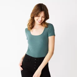 Women's Nine West Rib Short Sleeve Squareneck Bodysuit