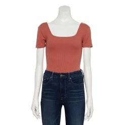 Women's Nine West Rib Short Sleeve Squareneck Bodysuit -Napier Elegant shop 5290693 Mauve Jewel