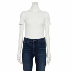 Women's Nine West Rib Short Sleeve Squareneck Bodysuit -Napier Elegant shop 5290693 White