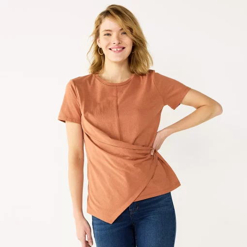 Women's Nine West Asymmetric Short Sleeve Crewneck Top -Napier Elegant shop 5570845 Mocha Frosting