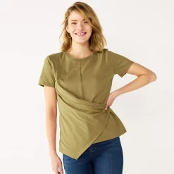 Women's Nine West Asymmetric Short Sleeve Crewneck Top -Napier Elegant shop 5570845 Sergio Olive