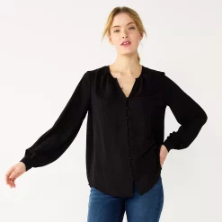 Women's Nine West Button Front Balloon Sleeve Tunic -Napier Elegant shop 5581079 Black