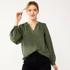Women's Nine West Button Front Balloon Sleeve Tunic -Napier Elegant shop 5581079 Infantry Olive