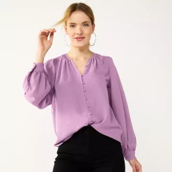Women's Nine West Button Front Balloon Sleeve Tunic -Napier Elegant shop 5581079 Lupine Lilac
