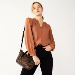 Women's Nine West Button Front Balloon Sleeve Tunic -Napier Elegant shop 5581079 Mocha Frosting