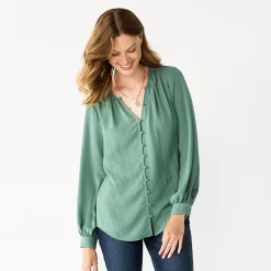 Women's Nine West Button Front Balloon Sleeve Tunic -Napier Elegant shop 5581079 Signature Green