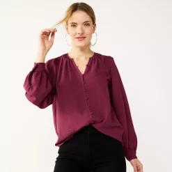 Women's Nine West Button Front Balloon Sleeve Tunic -Napier Elegant shop 5581079 Vintage Red