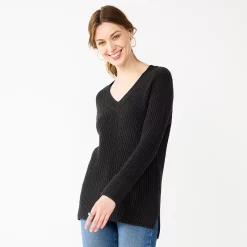 Women's Nine West Stitch Front V-Neck Sweater -Napier Elegant shop 5585833 Mineral Black