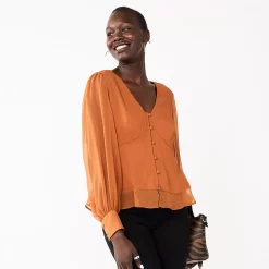Women's Nine West Long Sleeve V-Neck Button Front Blouse -Napier Elegant shop 5692662 Baked Nutmeg