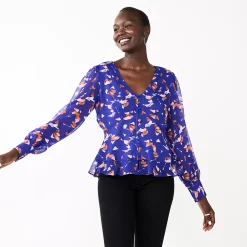 Women's Nine West Long Sleeve V-Neck Button Front Blouse -Napier Elegant shop 5692662 Blue Abstract