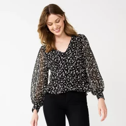 Women's Nine West Long Sleeve V-Neck Button Front Blouse -Napier Elegant shop 5692662 Small Animal