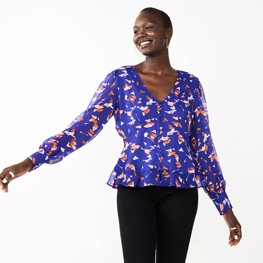 Petite Nine West Long Sleeve Button-Front V-Neck Blouse 1 Petite Nine West Long Sleeve Button-Front V-Neck Blouse