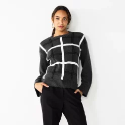 Women's Nine West Patterned Crewneck Sweater -Napier Elegant shop 5731865 Gray Plaid