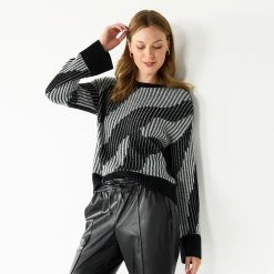 Women's Nine West Patterned Crewneck Sweater -Napier Elegant shop 5731865 Mineral Black Combo