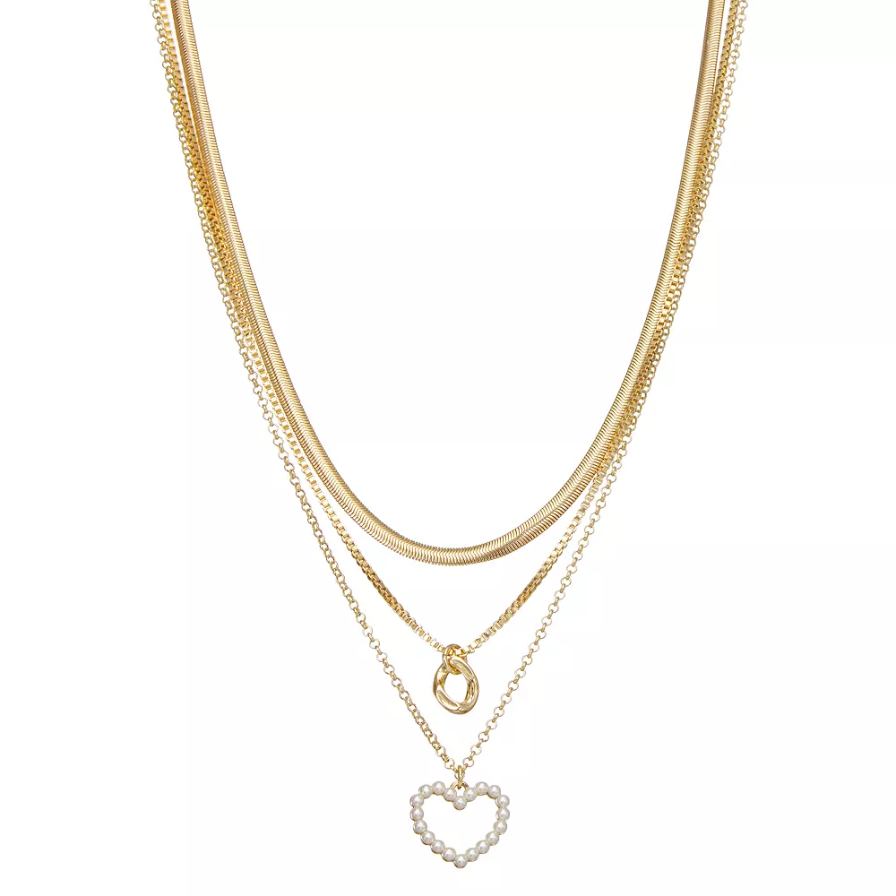 Nine West Gold Tone 3 Row Heart Necklace 1 Nine West Gold Tone 3 Row Heart Necklace