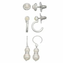 Napier Silver Tone Simulated Pearl Stud, Huggie, & Drop Earrings Set