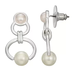 Napier Silver Tone Simulated Pearl Open Circle Double Drop Earrings