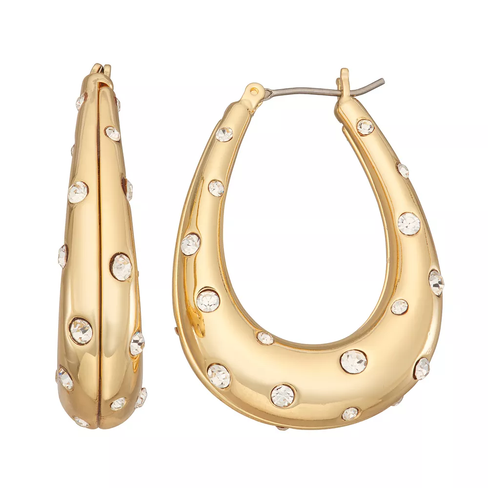 Nine West Gold Tone Crystal Oval Hoop Earrings 1 Nine West Gold Tone Crystal Oval Hoop Earrings