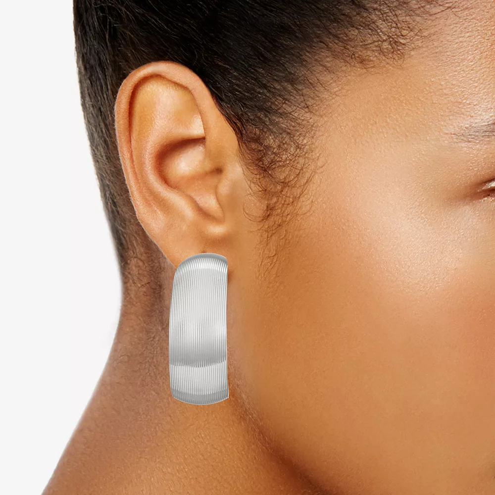 Napier Silver Tone Domed Textured C-Hoop Earrings 2 Napier Silver Tone Domed Textured C-Hoop Earrings - Image 2