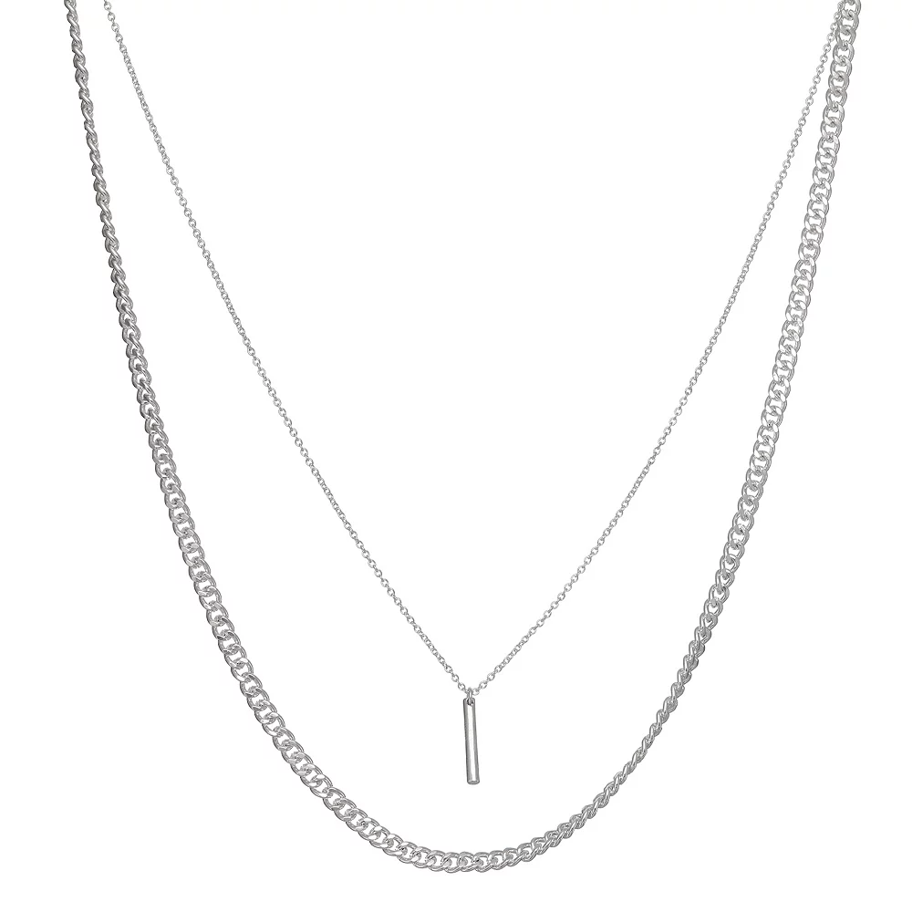 Nine West Silver Tone Layered Chain Bar Pendant Necklace 1 Nine West Silver Tone Layered Chain Bar Pendant Necklace